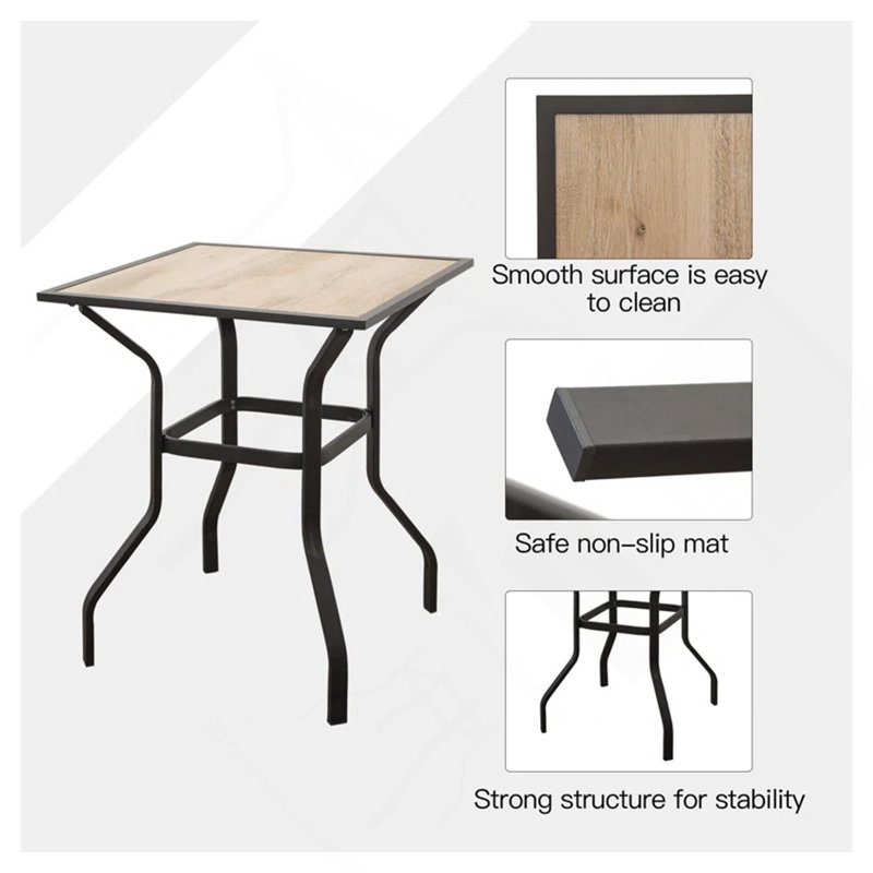 Table de bar d'extérieur carrée en métal avec plateau en bois pour terrasse de jardin (1 table)