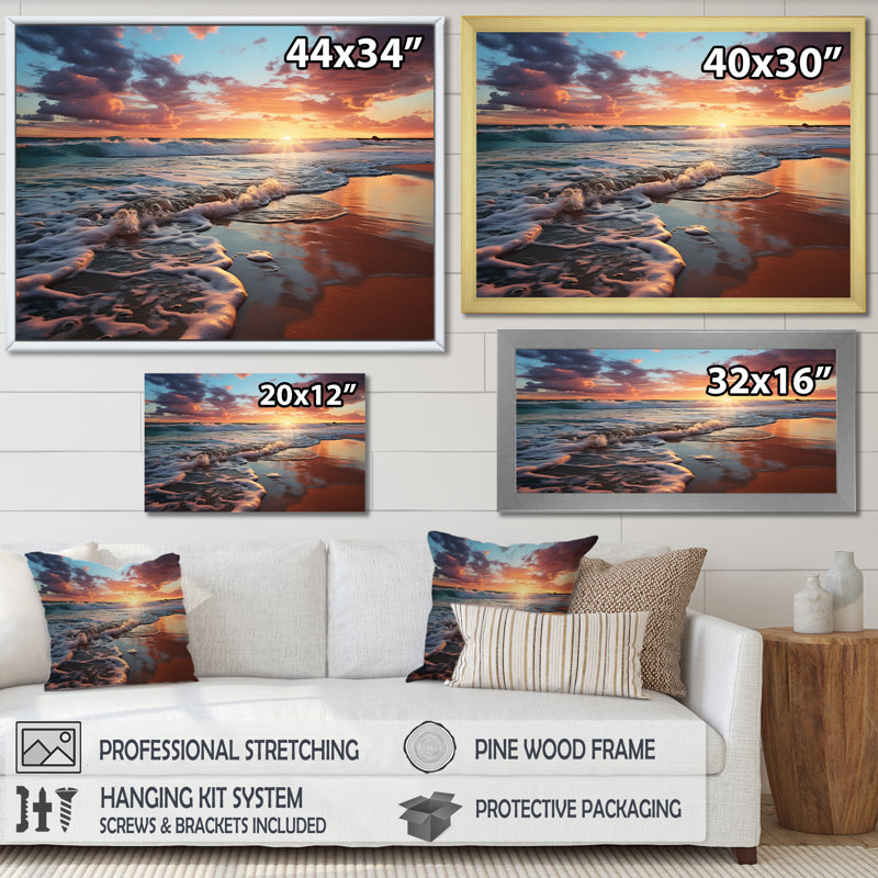 Coucher de soleil horizon III - art mural côtier pour le salon, H 24 po x l 32 po x P 1 po, Cadre flottant brun