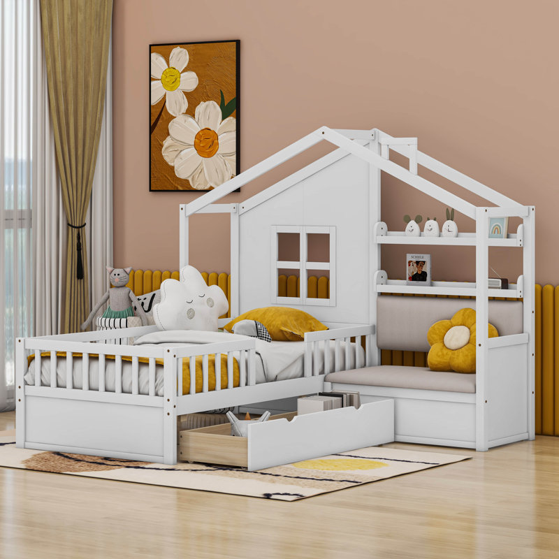 Lit simple à lattes pour enfant avec canapé, deux tiroirs et une tablette, Blanc