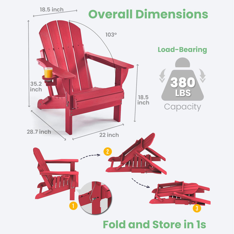 Chaise Adirondack pliante en PEHD pour patio, Rouge