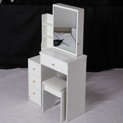 Petite coiffeuse gauche avec tabouret rembourré, grand miroir coulissant, rangement multicouche, commode haute capacité pour espaces compacts, meuble-lavabo de chevet blanc, tabouret et espaces très tendance