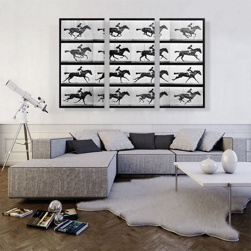 «16 Frames of Racehorse» par Ead vêtementsd Muybridge - Ensemble de 3 reproductions de photos sur toiles tendues