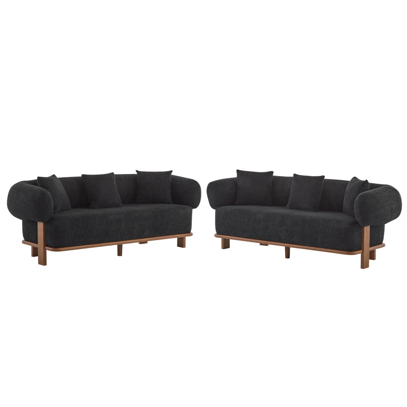 Nyaja 6-seater Rubberwood Boucle Upholstered Sofas With Curved Round Arms, Black