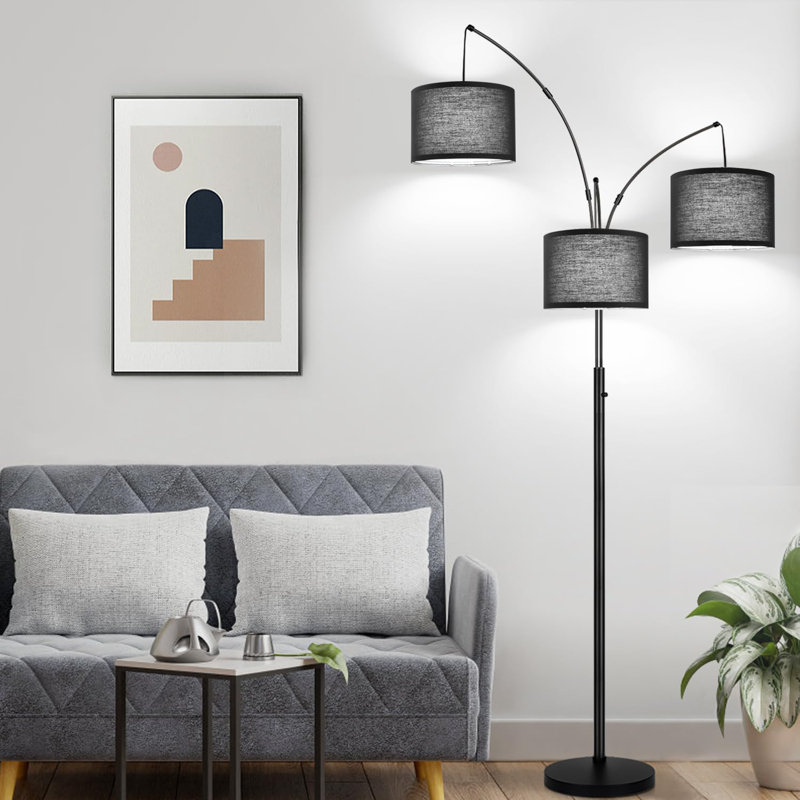 Rustic Matte Black-Beige Linen Arc Floor Lamp - Dimmable, Elegant Design, Easy Assembly, Noir