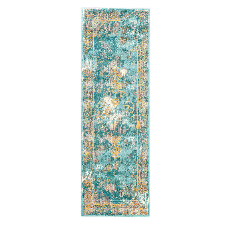 Tapis oriental bleu en coton Agatha, Tapis de couloir 2 pi 7 po x 8 pi