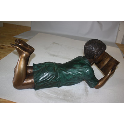 Bronze Boy Reading Book Statue - 24"L x 10"W x 11"H Garden Sculpture