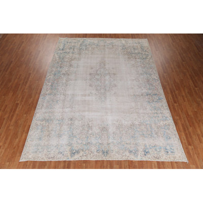 Tapis beige en laine noué à la main de conception unique de style années 1940 9 pi 7 po x 12 pi 11 po beige