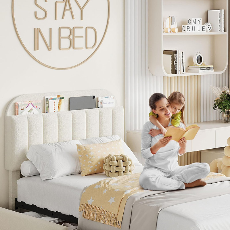 Platform Bed with Boucle Upholstery, 2 Under-Bed Storage Drawers & Bookcase Headboard – Kids/Girls Bedroom, Easy Assembly, Noise-Free, No Box Spring Needed
