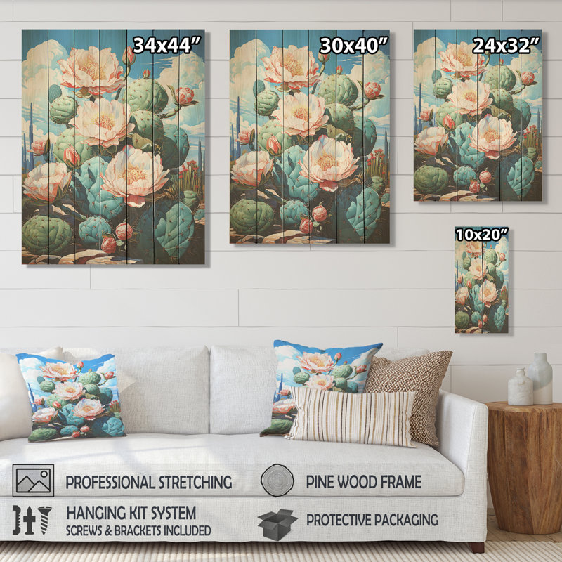Cactus rose en fleurs au Nevada - Cactus floral sur bois, H 32 po x l 24 po