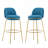 2-Piece Upholstered Barstools, Gold Metal Frame with Blue Cushion, Indoor Bar Stools