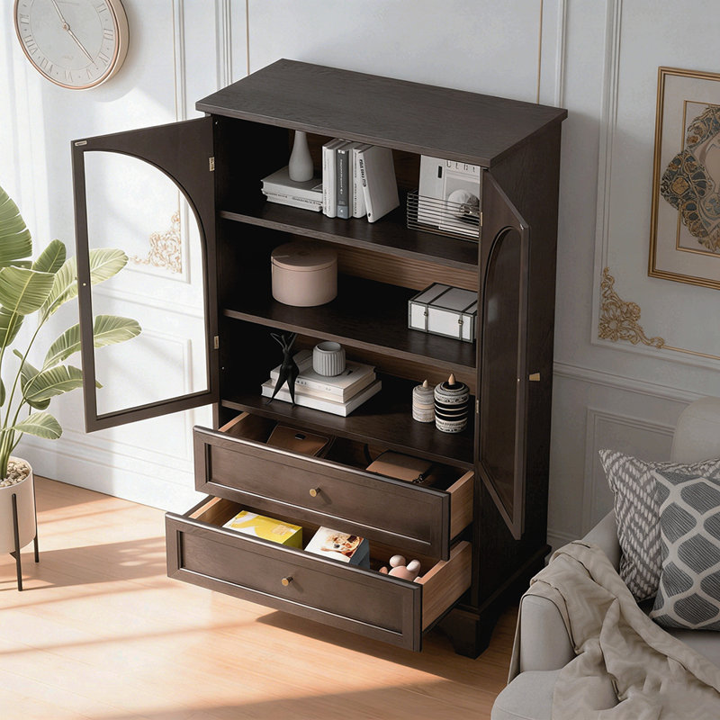 Glass Door Display Case Storage Cabinet with 3 Drawers and Adjustable Shelf, Spacious and Versatile for Any Room, Brown