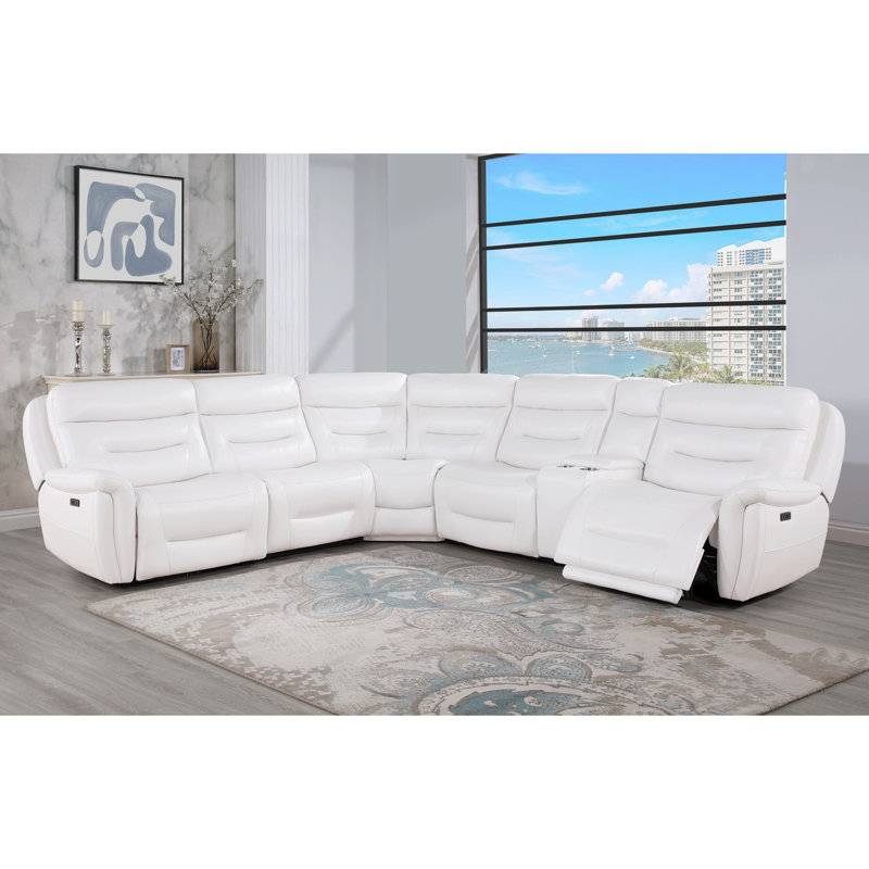 White Faux Leather Sleeper Sectional with Cup Holder and Ottoman