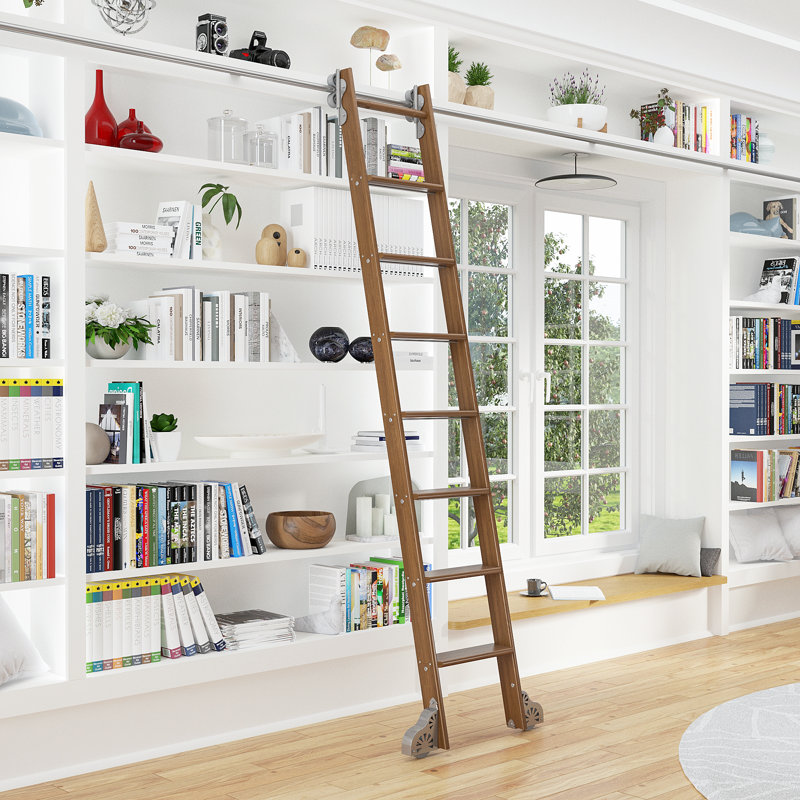 Walnut 8.06' 7-Step Wood Rolling Sunburst Wheel Ladder, Satin Nickel