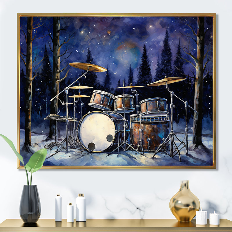 «Music Drums In Winter I», reproductions d'art mural musical, Cadre flottant doré, H 12 po x l 20 po x P 1 po