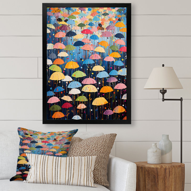 «Rainbow Umbrellas Collage IV», reproduction sur toile, Cadre simple noir, H 32 po x l 16 po x P 1 po