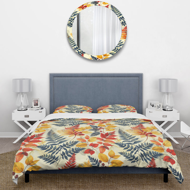 Ensemble de housse de couette à motif de fougères bleues et orange, Housse de couette très grand + 2 taies décorativ