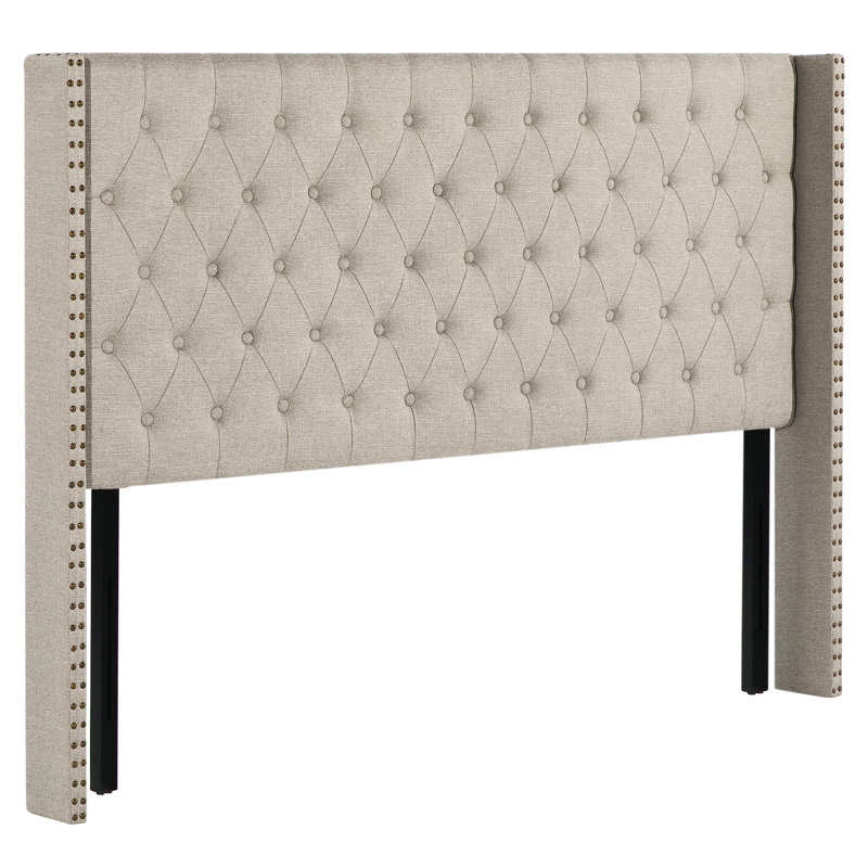 Tufted Wingback Upholstered Headboard with Nailhead Trim, Linen-Linen, Queen