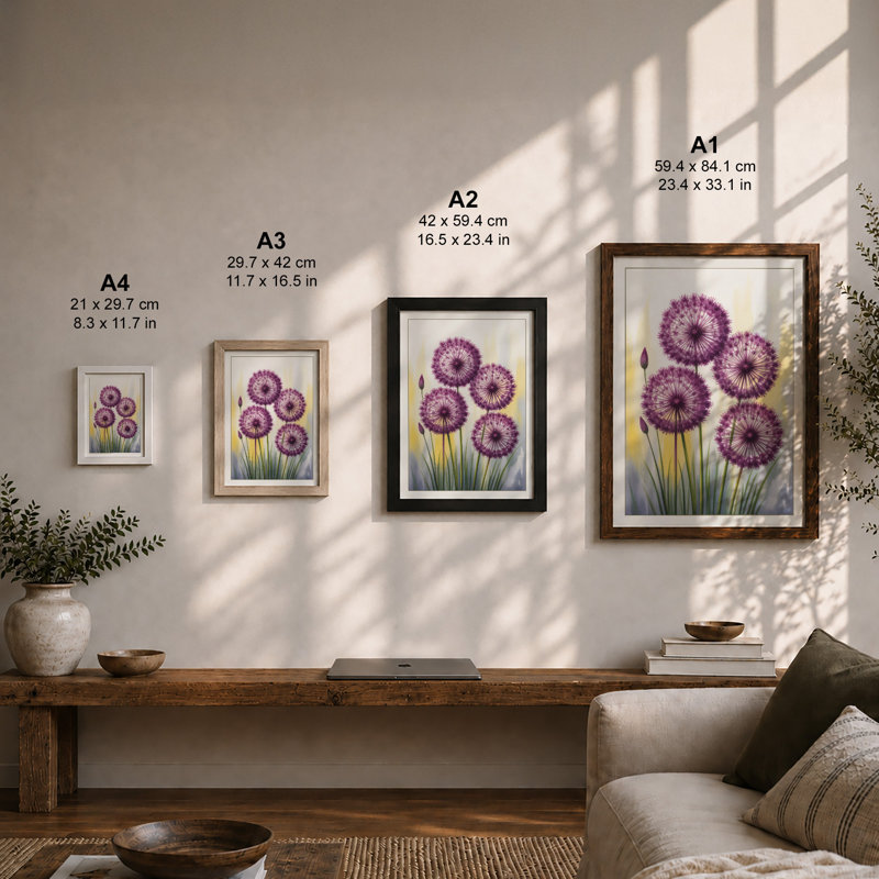 Purple Allium Heads Botanical - Framed Print, Walnut, A4 - 29.7 x 21.0 cm