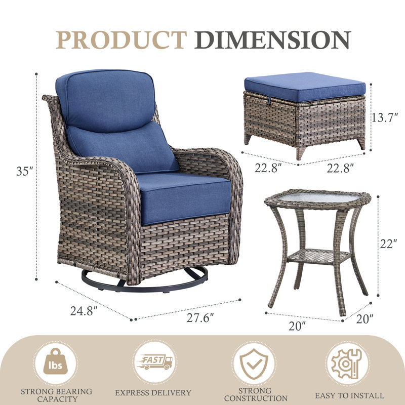 Deb 5-Piece Outdoor Conversation Set with Wicker Swivel Rocking Chairs, Ottomans & Side Table, Light Blue