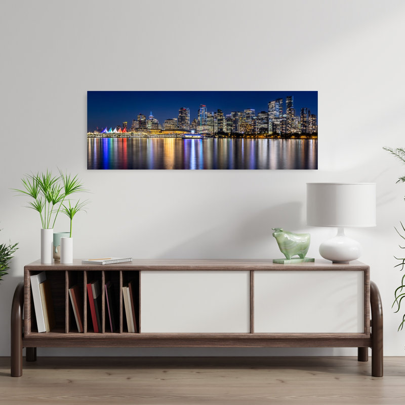 «Vibrant City Night Reflections Colorful Modern Tranquil Architecture City», art mural, H 12 po x l 36 po