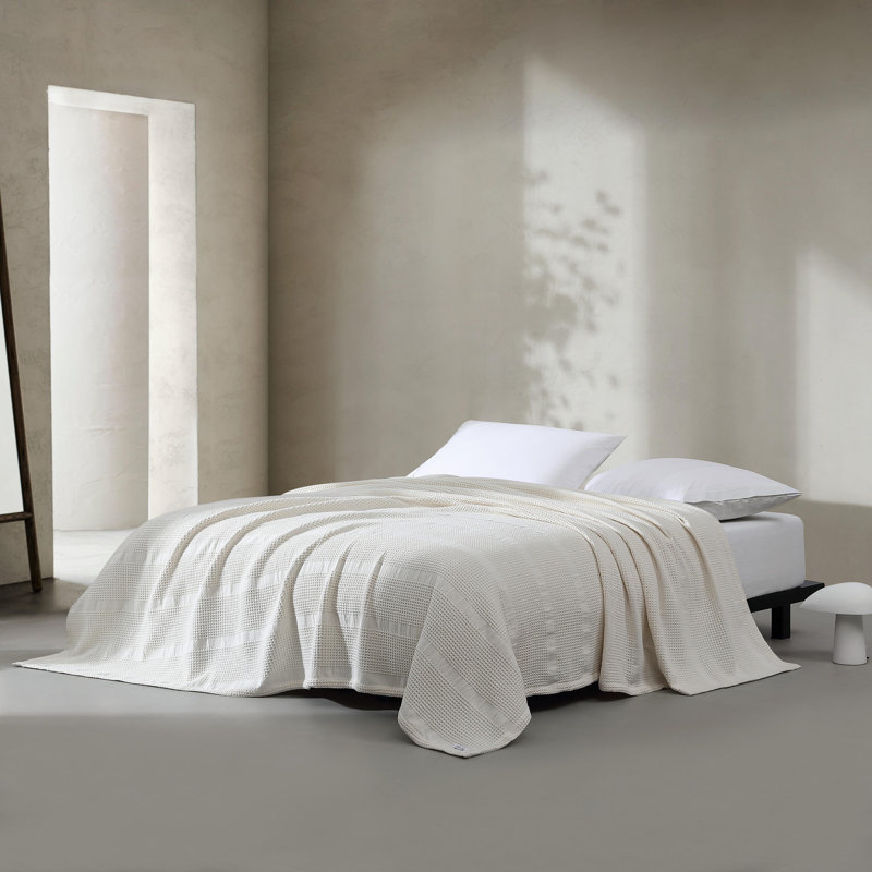 Calvin Klein Waffle Stripe Cotton Reversible Blanket, King, Ivory
