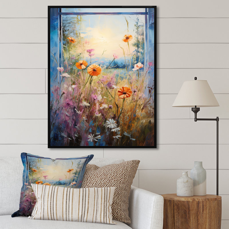 Orange et bleu «Meadow View» - prairie, art mural, Cadre flottant noir, H 32 po x l 16 po