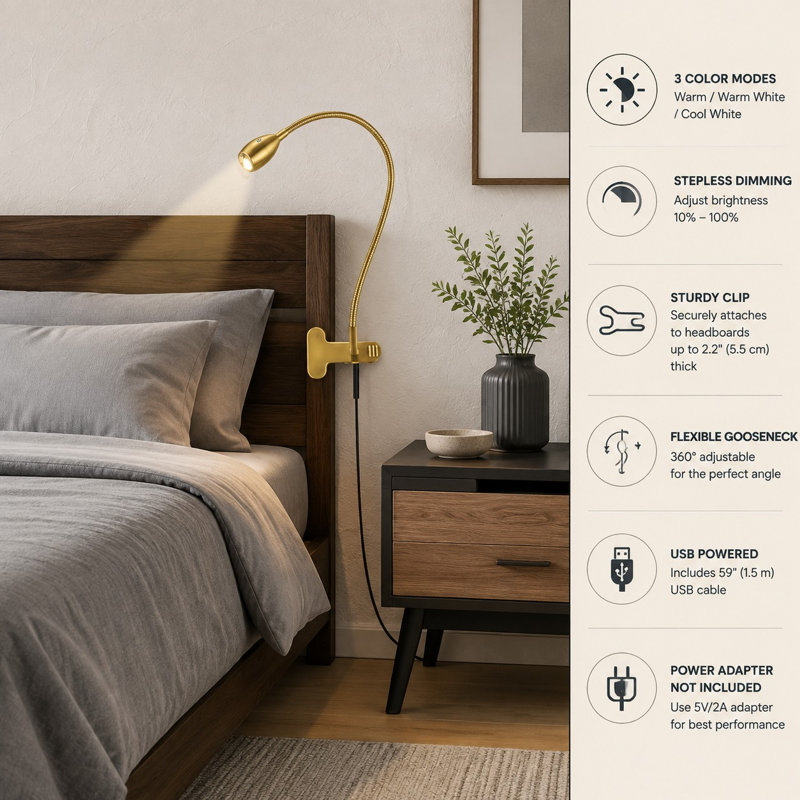 Lampe de lecture à pince dorée (1 pièce) avec col de cygne flexible, 3 options de couleur, gradation progressive et éclairage DEL réglable alimenté par USB pour têtes de lit de dortoir, chambres, dortoirs et bureaux