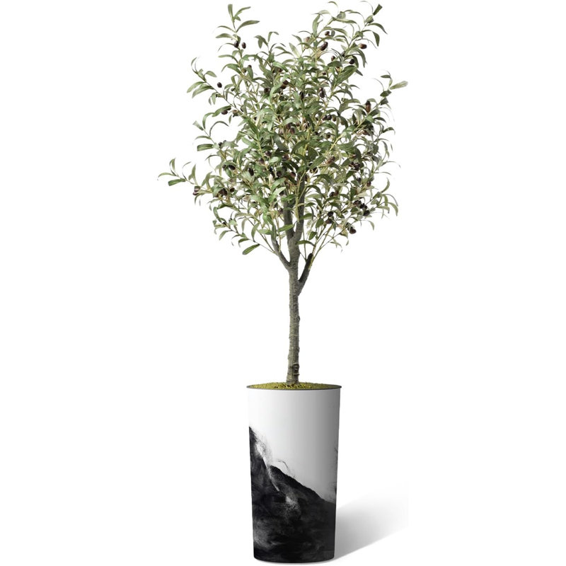 Arbre artificiel dans un pot de fleurs moderne, décoration d'arbre en soie d'olivier artificiel (pot et arbre), Motif d'encre