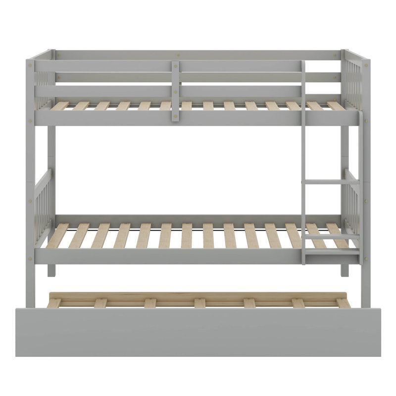Twin Over Twin Rubber Wood Bunk Bed – Trundle, Ladder, Safety Guardrails + Convertible To Twin Beds, Gray
