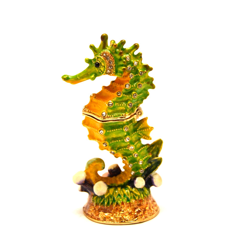 Sea Horse Small Trinket Box with Austrian Crystals. Green 