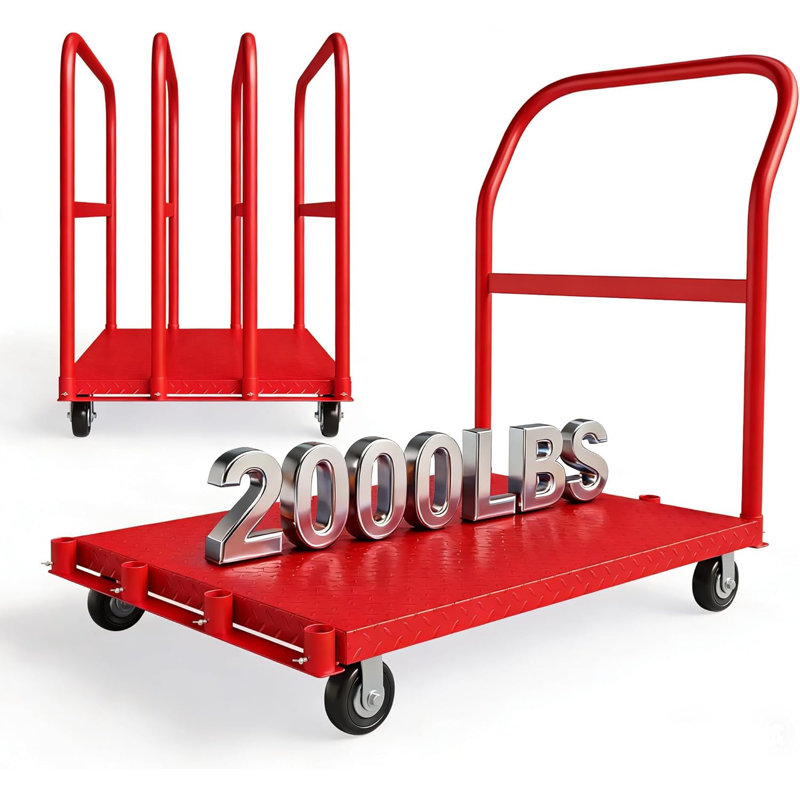 2000LBS Chariot à plateforme pliable robuste avec roues pivotantes à deux côtés Roues de 2000 lb, Red, Red