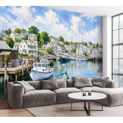 Wall Mural Peel and Stick Wallpaper Coastal Harbor Scene Fishing Boats Waterfront Cottages Self-Adhesive Removable Contact Paper Wall Decor for Living Room Bedroom 100"H x 144"W