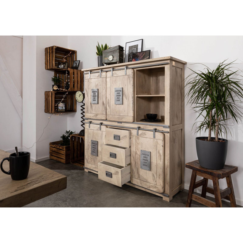 Railway 150cm Solid Wood Sideboard, Whitewash Lacquered