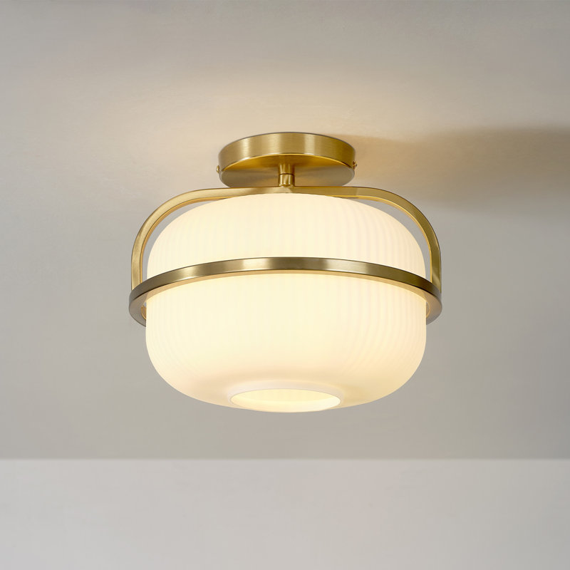 1-Light Brass Flush Mount Ceiling Light with Frosted Ribbed Glass Shade