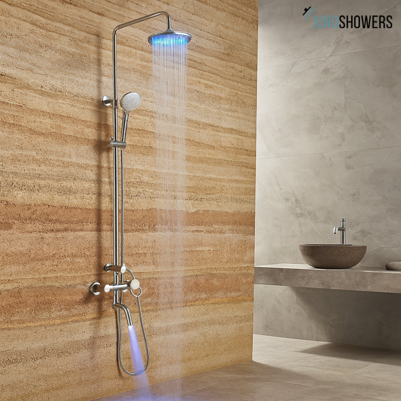 Juno Brass Finish LED Rainfall Wall Mount Shower Set - Handheld Shower and LED Faucet
