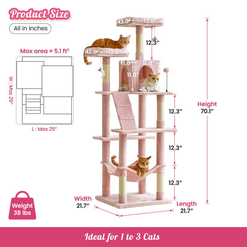 Grand condo 64 "pour chat, Rose, H 70,1 po x l 21,7 po x P 21,7 po