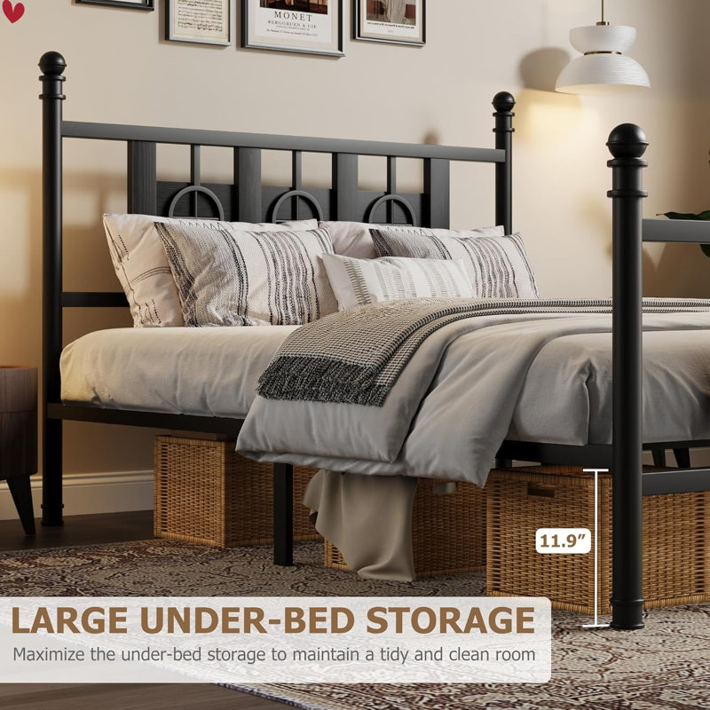 Oriental Vintage Style Metal Platform Bed, Black/Queen (U.S. Standard)
