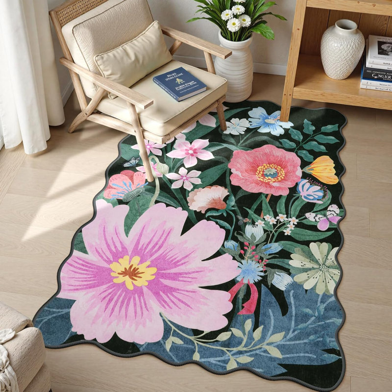 Tapis lavable pour tapis de salon antidérapant à motif floral antidérapant, Rectangle 5 pi x 7 pi