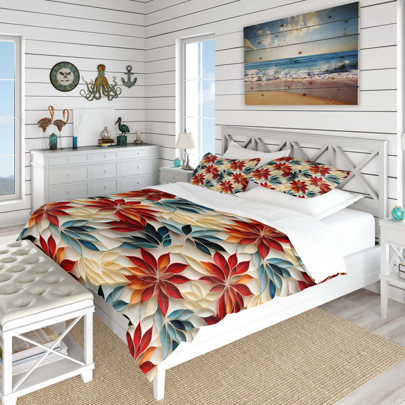 Literie en mosaïque florale rouge et bleue zen, Housse de couette pour très grand lit et 2 très