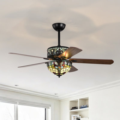 Ventilateur de plafond lumineux à 5 pales Inio 2 niveaux en verre de style Tiffany