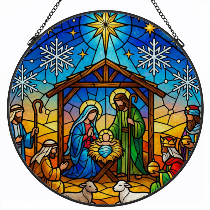 7.8"H Nativity Scene Stained Glass Window Panel, 7.8" H x 7.8" W