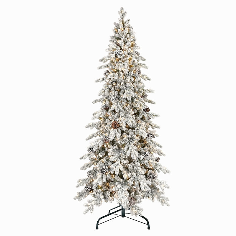 Arbre de Noël 8 pi en PE / PVC avec 1000 lumières DEL blanc chaud - 1634 pointes, 44 pommes de pin naturelles, effet enneigé, branches articulées, base en métal