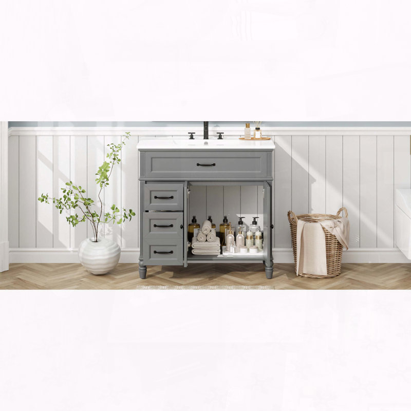 Meuble-lavabo rétro 36 po avec lavabo en céramique et tiroirs à fermeture en douceur, Gray