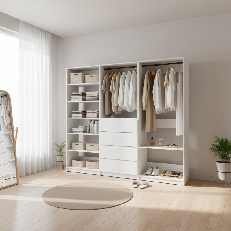 Système d'organisation de placard en bois l 94,2 po avec tiges de suspension et grand espace de rangement