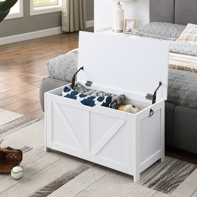 Banc blanc pour hall d'entrée, assemblage facile, grand intérieur, poignée en forme de U, support de rangement spacieux de 300 lb, attrait rétro, 2 charnières, option multi-usage rapide
