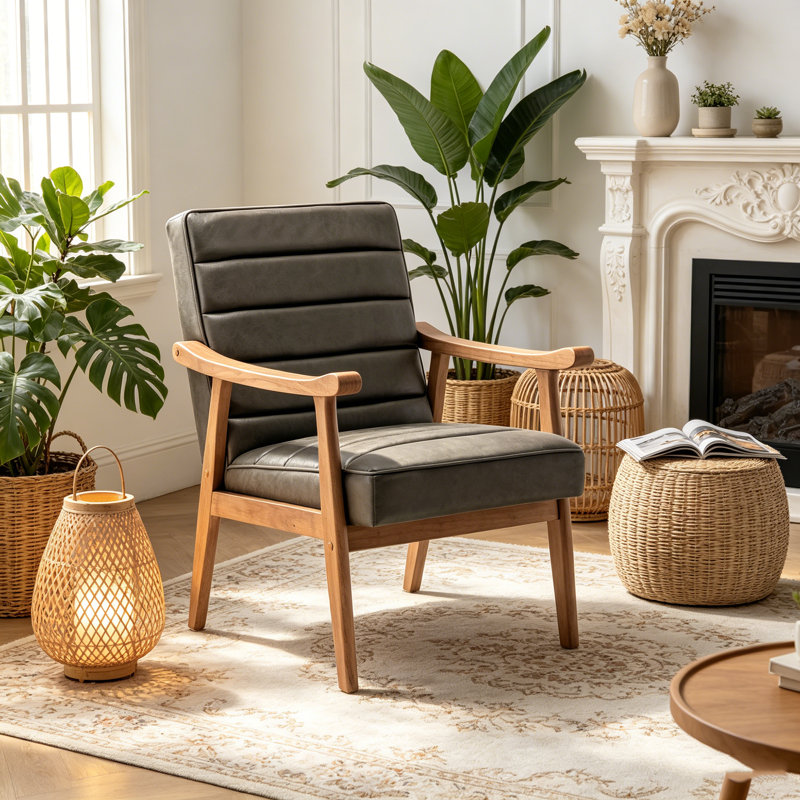 Chaise d'appoint de style Mid-Century moderne avec structure en bois massif et accoudoirs à cadre ouvert, fauteuil en microfibre d'aspect cuir, siège et coussin de dossier rembourrés pour le salon, la chambre et le bureau