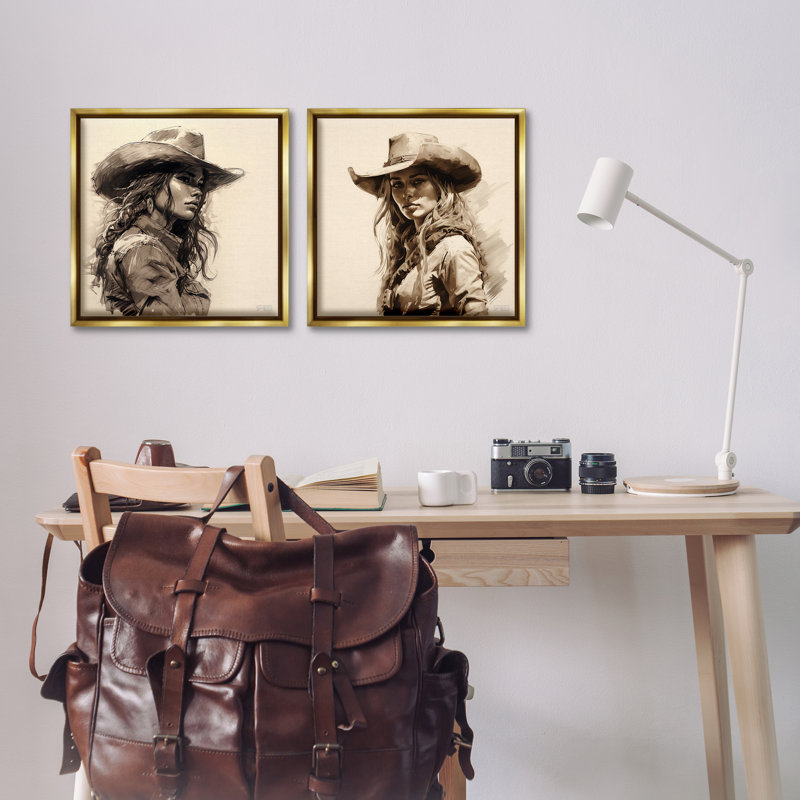 «Trendy Cowgirl Beauties», ensemble de 2 toiles flottantes encadrées noires par RB, Cadre flottant métallique doré