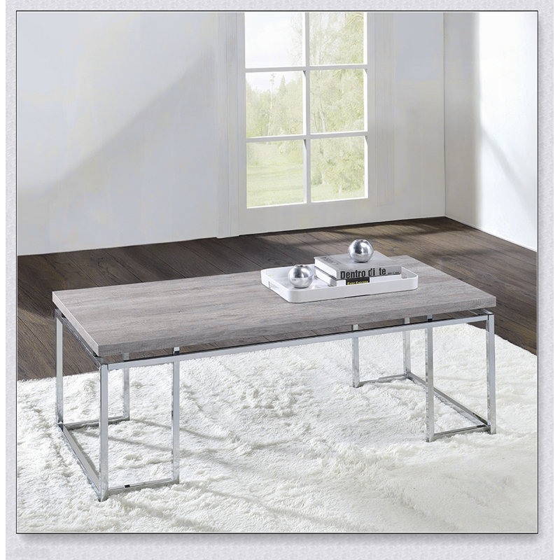Table basse en chêne naturel moderne avec base en métal chromé pour un salon élégant, 18" H x 24" W x 47" D, Oak / Silver
