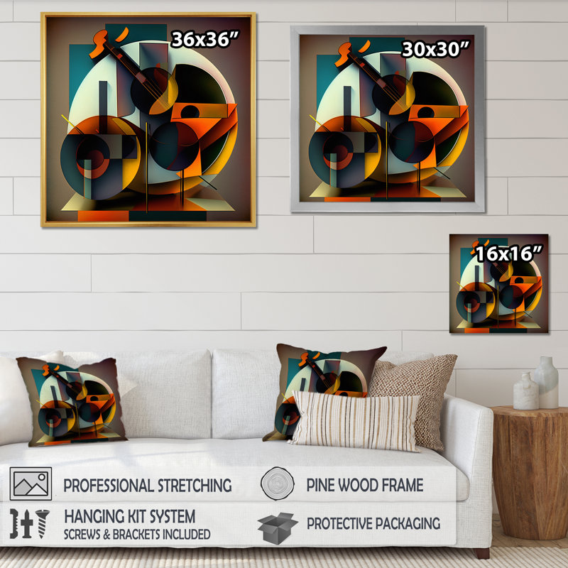 Abstrait, guitare rétro, géométrique, symphonie musicale I - impression, Cadre flottant brun, 30" H x 30" W