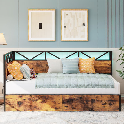 Industrial Brown Corner Twin Daybed With Storage & Charging - Space-Saving Solution